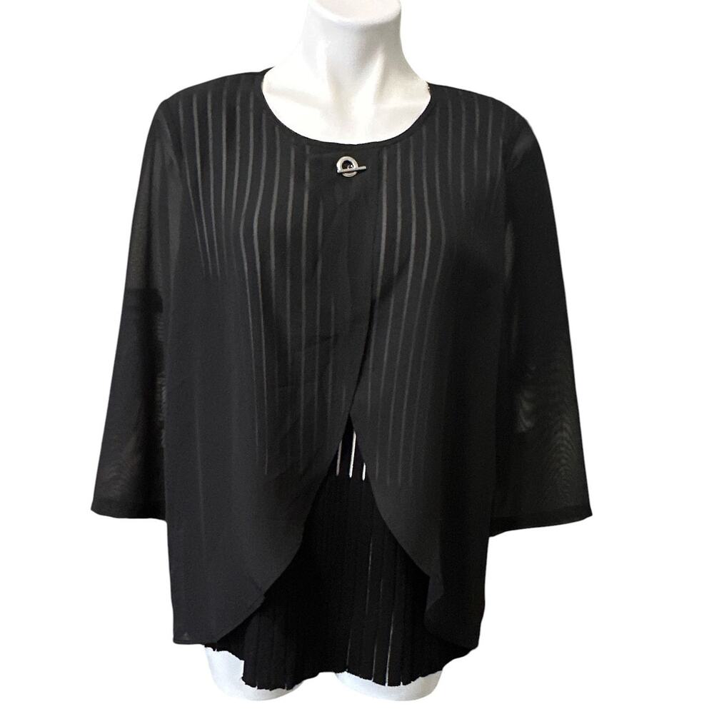 Ming Wang Top Black Sheer Stripe Knit Faux Layered Tulip Hem Women Size M